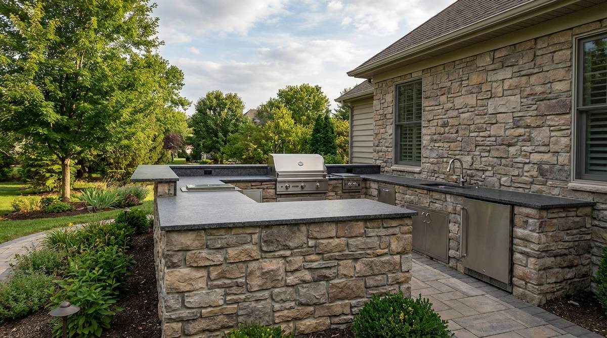 A stone outdoor kitchen featuring built-in grills and counters framed with stacked stone veneer, designed to withstand weather and heat while creating resort-style cooking spaces. The kitchen includes granite or concrete countertops over stone base structures, with stone selection matched to the home exterior for design continuity.