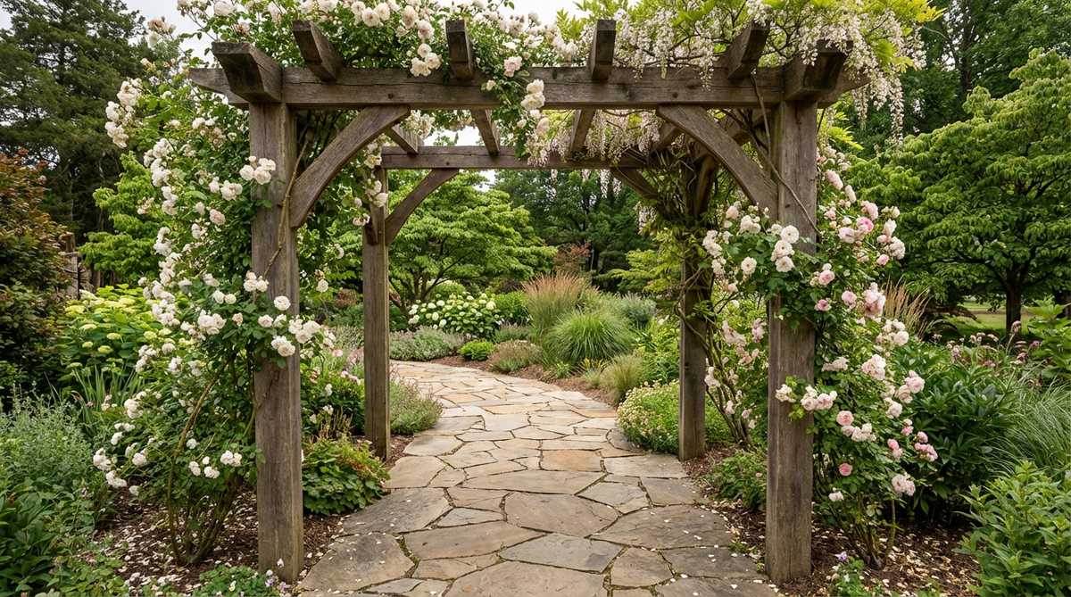 A stone garden pathway leading through an arbor entrance, creating a defined entry experience with vertical garden dimensions. The overhead structure frames views and supports climbing plants like roses or wisteria, coordinating stone selection with arbor materials for cohesive design.