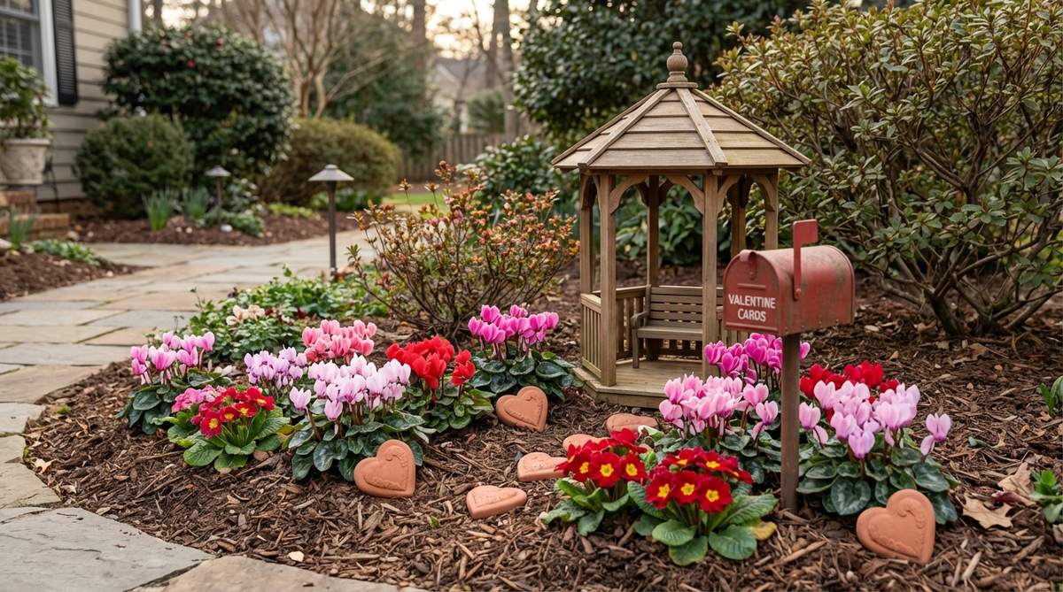 A romantic mini garden featuring a miniature gazebo or bench surrounded by pink and red flowering plants like cyclamen or primrose, with heart-shaped accessories and a tiny mailbox for valentine cards, ideal for Valentine's Day or anniversary celebrations.
