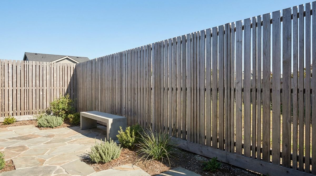 A minimalist modern garden featuring vertical timber slat fencing made from cedar or ipe boards. The slats are spaced 1-2 inches apart to allow air circulation and filtered views while maintaining privacy. The linear repetition creates rhythmic patterns that complement the minimalist aesthetic, with the vertical orientation emphasizing height and providing an elegant backdrop for plantings. The wood has been finished with natural oils to preserve the grain and weather to a silver-gray patina.