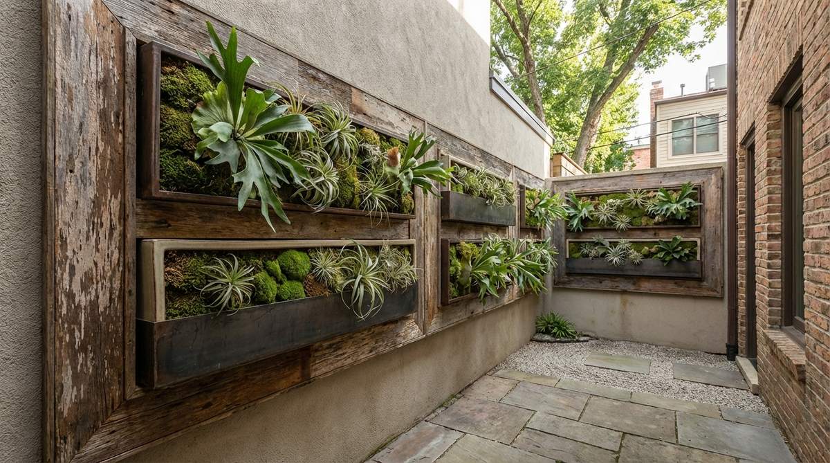 A vertical wall garden featuring shallow containers mounted on a wall, showcasing staghorn fern, tillandsia, and preserved moss arrangements. Framed with bamboo or weathered wood to define the edges, this design is ideal for narrow urban courtyards, creating a serene and space-efficient zen garden element.