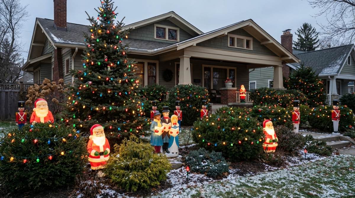 A nostalgic Christmas display featuring reproduction vintage blow molds, classic bubble lights, and retro color schemes that reference mid-century holiday traditions. The collection includes authentic vintage pieces or quality reproductions in classic forms like Santa faces, carolers, and toy soldiers with warm multicolor bulbs for period-appropriate lighting.