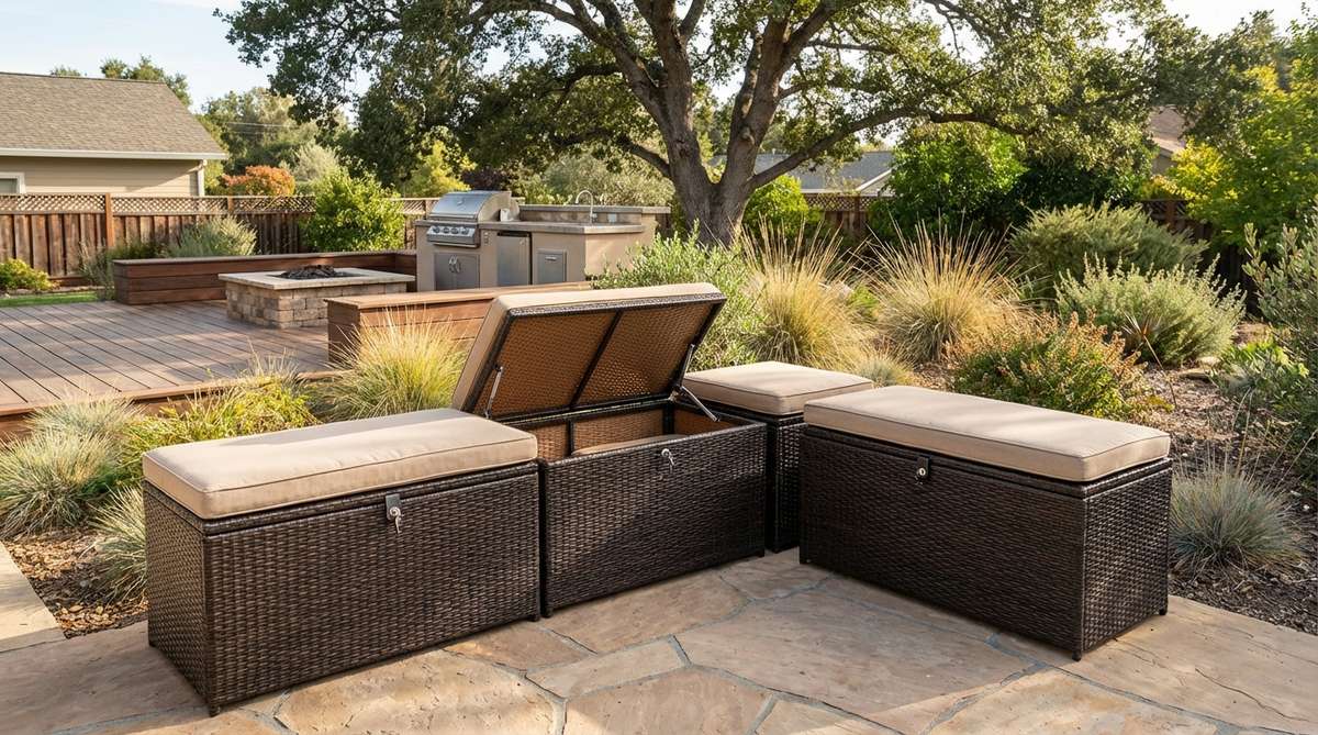 A modern garden furniture storage solution featuring resin boxes with cushioned tops that serve as seating and storage. These weather-resistant boxes have hydraulic hinges, waterproof interiors, lockable latches, and a wicker-look design to complement outdoor furniture styles.