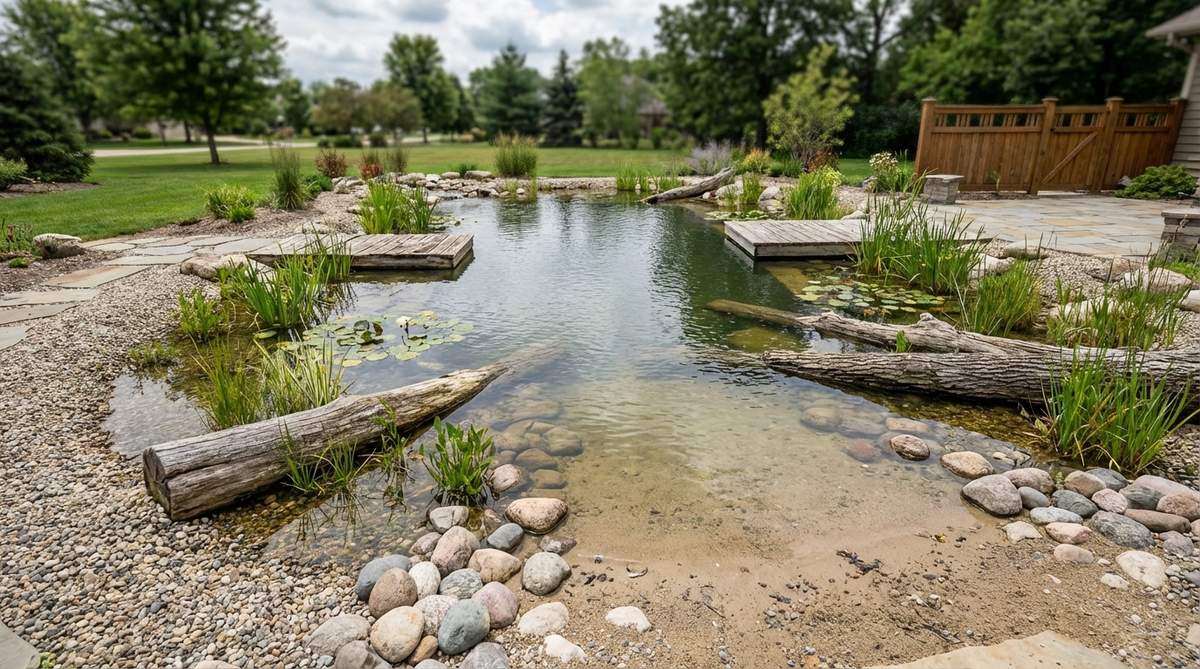A naturalistic garden pond with gently sloping edges, shallow beach areas, and submerged rocks to provide safe access and escape routes for wildlife. Floating platforms and partially submerged logs create resting spots for amphibians and insects.
