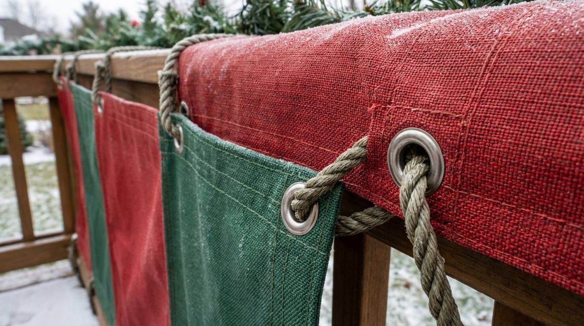 Close-up of tightly-woven outdoor fabric used in balcony Christmas decorations, showing durable grommets and reinforced edges that withstand wind exposure. The fabric demonstrates solution-dyed acrylic material that maintains color integrity during winter weather conditions.