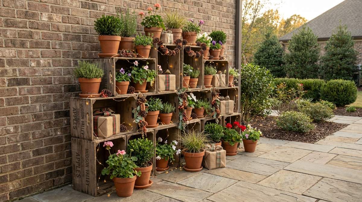 A vertical garden display featuring vintage wooden fruit crates stacked asymmetrically, filled with potted plants, wrapped gifts, and decorative elements like garland and battery-operated lights, offering flexible and multipurpose decoration for seasonal changes in garden designs.