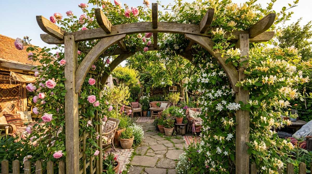 A floral-draped arbor marking the entrance to a boho garden, creating a ceremonial threshold that signals the transition from everyday spaces into a designed sanctuary. The arched structure is constructed from wood or metal and adorned with climbing roses, honeysuckle, or jasmine, with plants trained to meet overhead within 2-3 growing seasons.