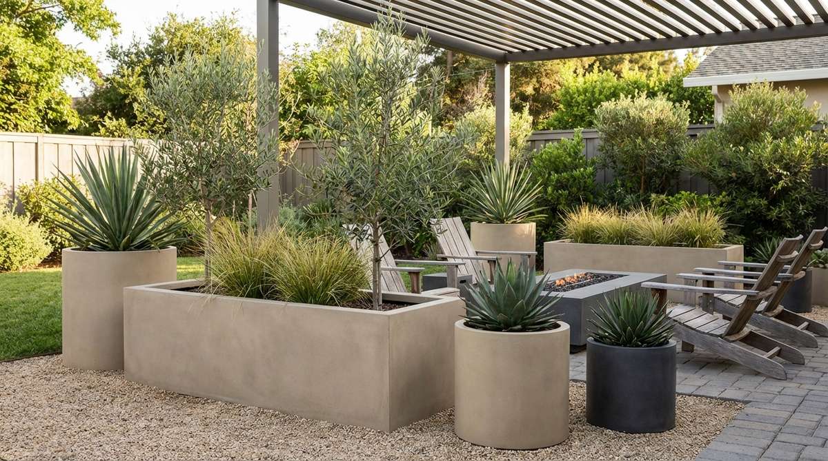 Geometric concrete planters in neutral tones, such as square or cylindrical shapes with matte finishes, serving as sculptural focal points in a small garden backyard. These heavy containers provide stability for small trees and architectural plants, ideal for minimalist compositions with grasses or succulents in contemporary patios or modern courtyard designs.