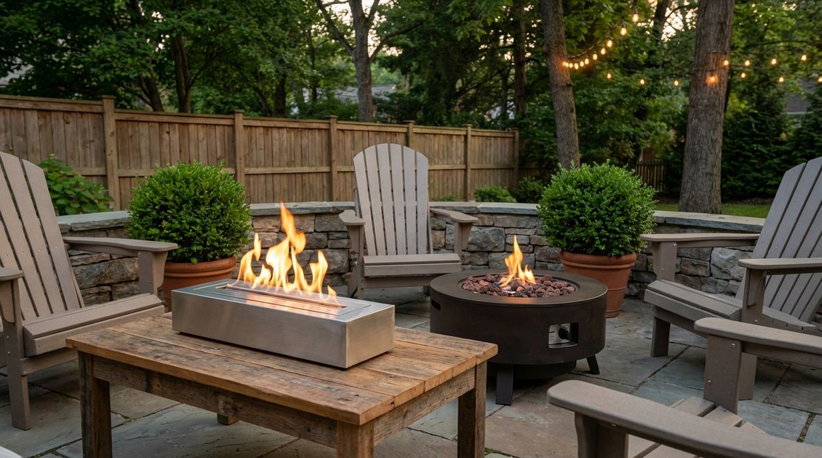 A tabletop bioethanol burner and small propane fire bowl providing warmth and ambiance in a compact garden setting, demonstrating space-saving fire features that can be stored when not in use.