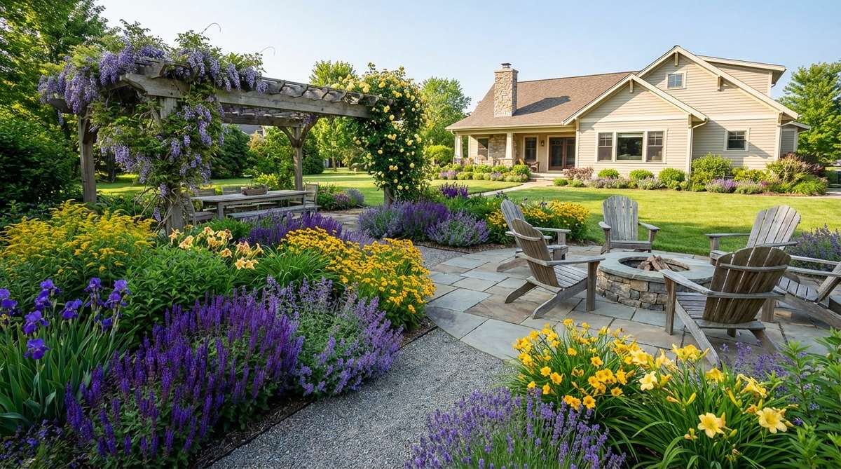 A vibrant garden scene showcasing a complementary color scheme with purple and yellow flowers, illustrating how opposite colors on the wheel create striking contrasts and focal points for visual excitement.