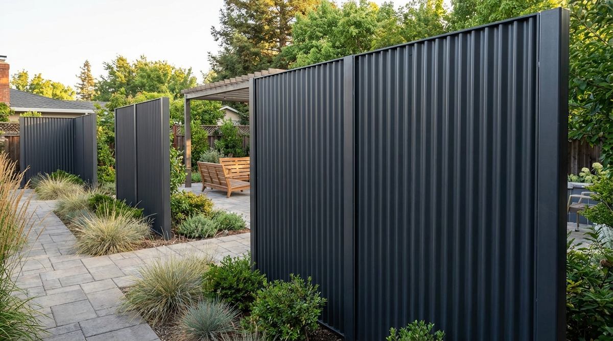 Industrial corrugated metal screens used as contemporary garden boundaries, featuring vertical ribbing for texture and visual interest. Painted in dark charcoal or black to recede visually, or with natural galvanized finish for industrial aesthetic, mounted on steel frames with concealed fasteners.