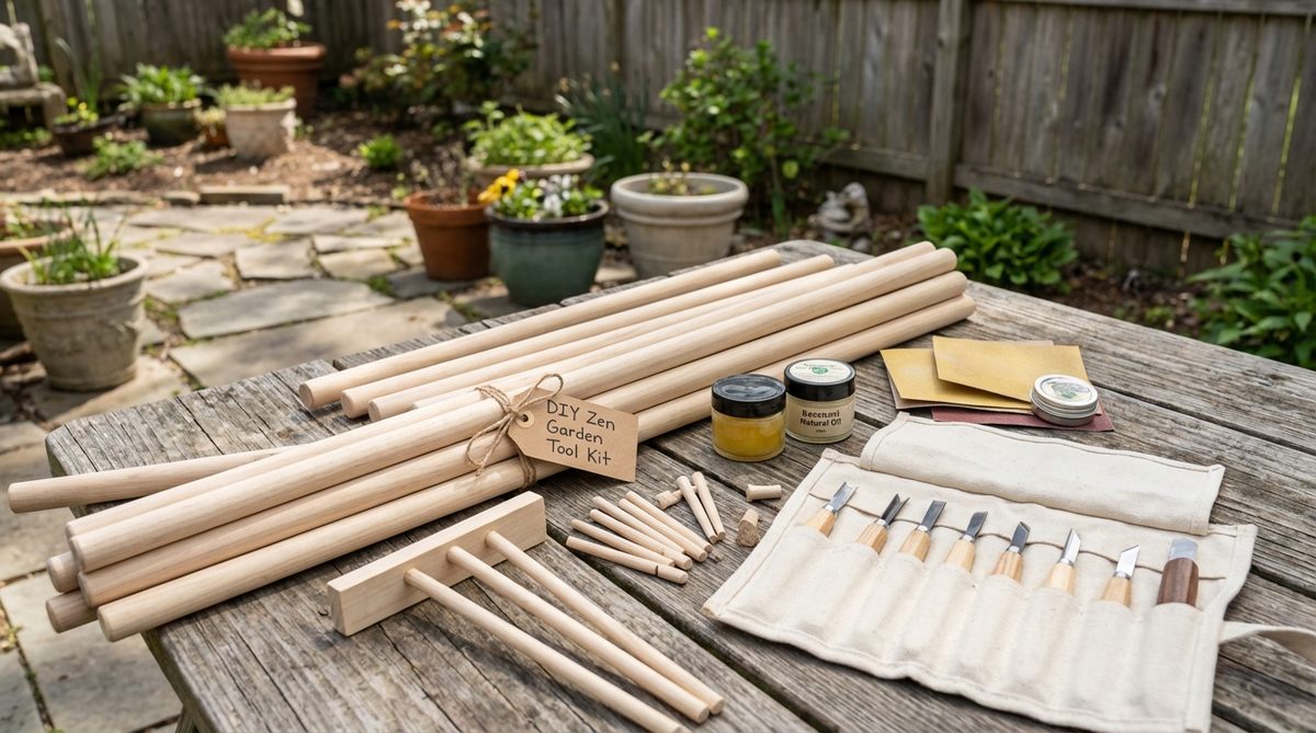 Unfinished wooden rake handles and separate tine components for creating customized miniature zen garden tools. This DIY kit includes carving tools and finishing materials, allowing users to determine tine spacing, number, and handle length to craft unique functional sculptures.