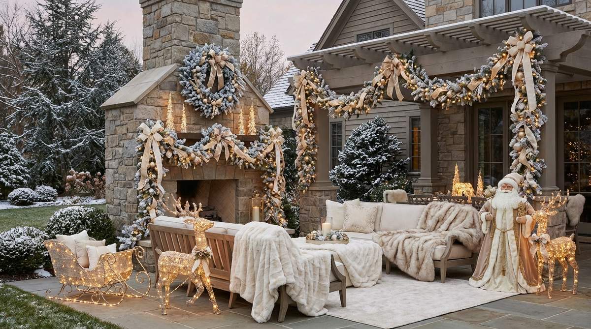 Sophisticated outdoor Christmas decor featuring a limited palette of champagne gold, ivory, and warm white, with metallic gold ribbon on wreaths and garlands, warm white lighting, and coordinated figures for an upscale, curated look.