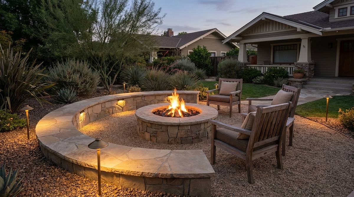 Heat-resistant outdoor lighting fixtures installed around a fire pit, providing downward-focused illumination for seating areas without interfering with flame visibility. Shows proper 36-inch clearance from fire feature with warm 2200K LED lights that complement natural firelight.