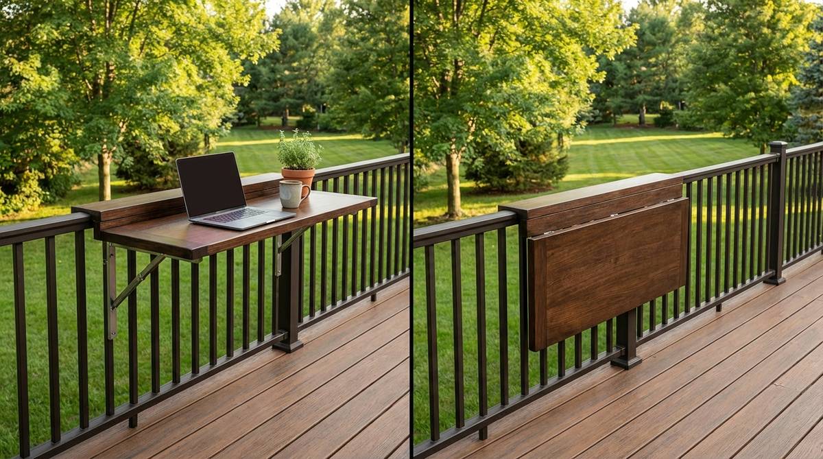 A hinged folding bar table attached to a deck or balcony railing, shown in both extended position for dining or laptop work and folded flat against the railing to save space.