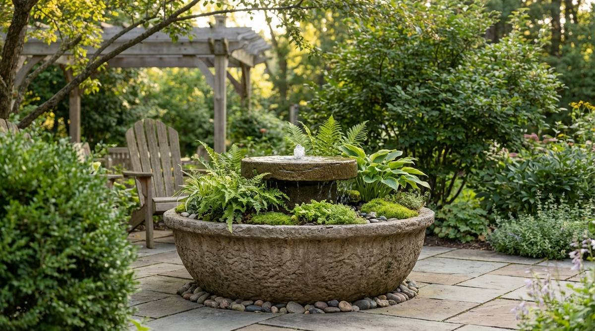 A decorative outdoor planter with an integrated water fountain, showing water bubbling through a central reservoir surrounded by lush greenery in the planting areas. This combination creates a serene focal point perfect for meditation gardens or patio seating areas, with the water circulation providing aeration and humidity for moisture-loving plants.