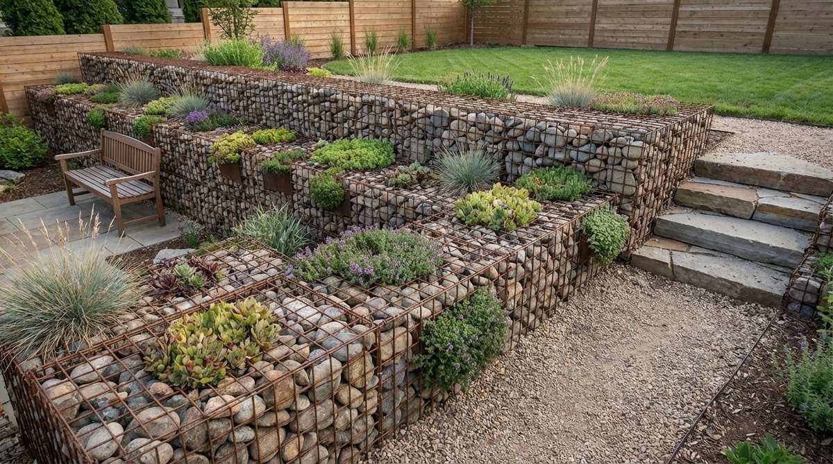A gabion wall planter made of wire cages filled with stone, creating a textured retaining wall or freestanding planter in a small garden space. Plants are growing directly in gaps between stones, showcasing the industrial aesthetic suitable for modern landscapes. The design provides excellent drainage for alpine plants and succulents, with stacked tiers creating stepped planting zones on a sloped site to increase usable area and manage erosion.