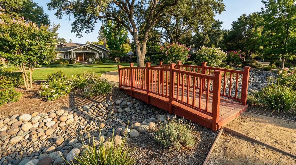 A decorative garden bridge made of wood or stone, spanning a dry creek bed or pond in a residential garden, featuring arched or flat designs with safety railings and aesthetic elements like red-painted timber or natural cedar.