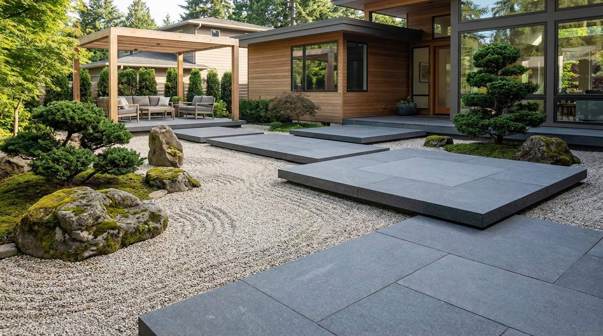 A modern Japanese Zen garden featuring machine-cut geometric stones with precise angles and flat surfaces, contrasting with traditional organic forms in a minimalist architectural context.