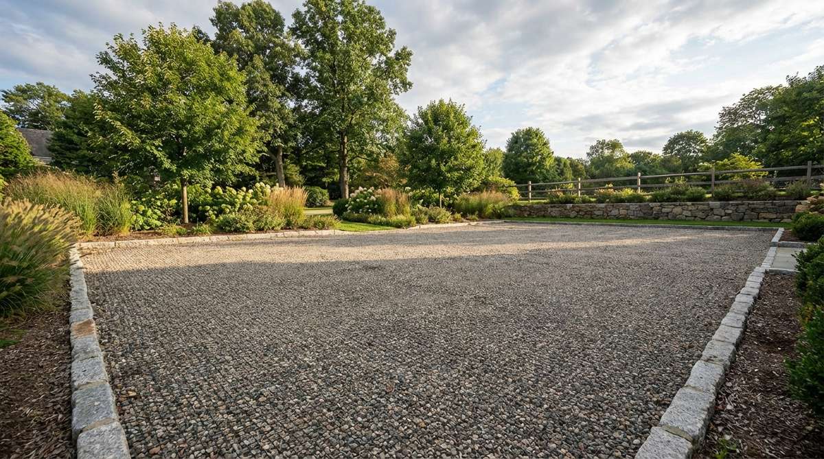 A gravel parking court featuring permeable crushed stone for water infiltration and vehicle support, stabilized with geogrid mesh and edged with Belgian block or granite curbing.