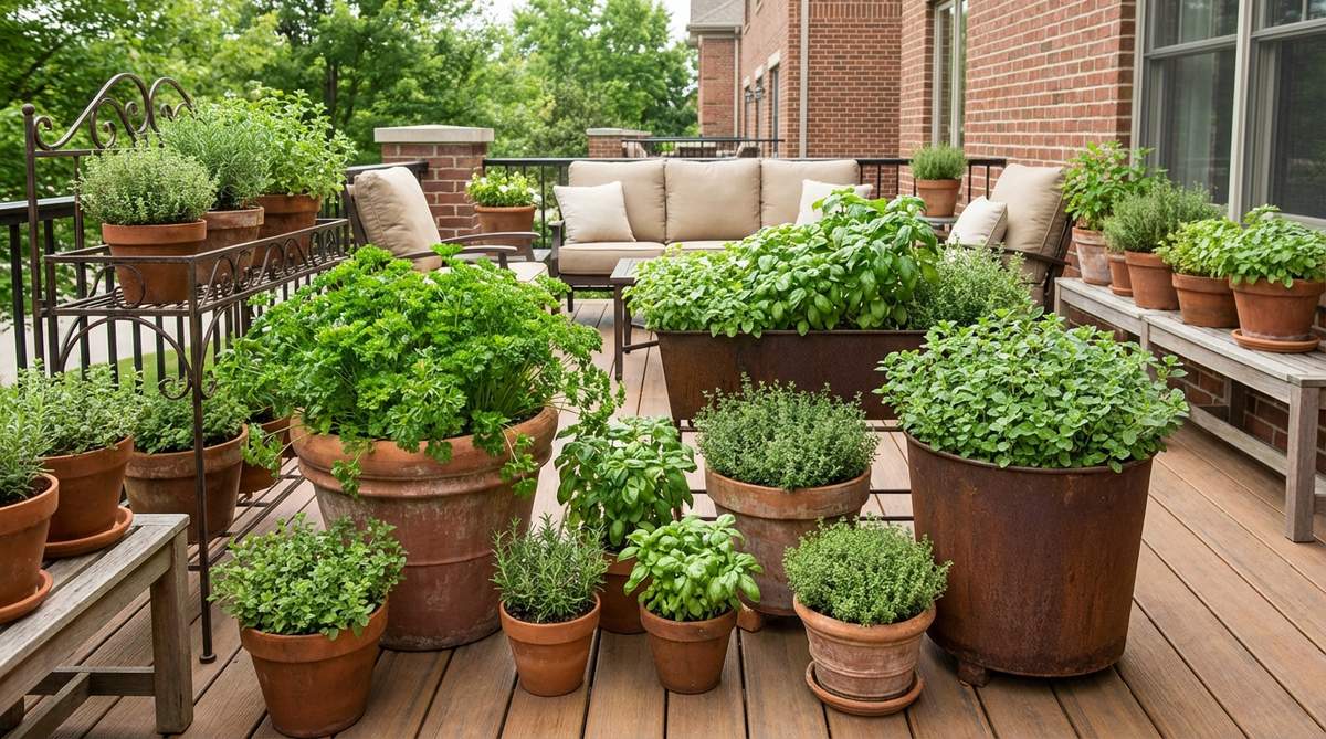 A collection of herb container gardens on a balcony, featuring parsley, basil, thyme, and oregano in individual pots and large planters, showcasing functional and decorative balcony gardening ideas.