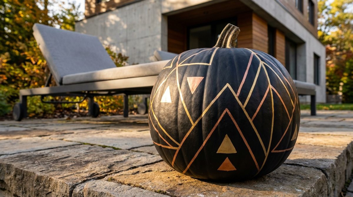 A close-up photo showing a black or white painted pumpkin with geometric metallic accents in gold, copper, or silver finishes. The image highlights the contrast between matte base paint and reflective metallic patterns, positioned to catch light for shimmering effect. The sophisticated treatment complements modern outdoor furniture and contemporary architecture in autumn displays.