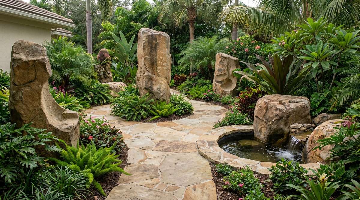 A sophisticated tropical garden featuring large natural stone sculptures and carved boulders positioned among lush plantings. The organic stone forms serve as focal points at pathway intersections and anchor water features, creating beautiful contrast with ephemeral tropical foliage.