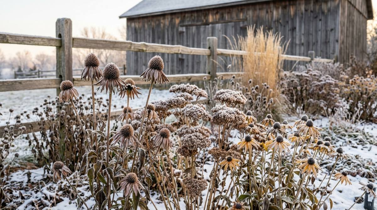 Dried echinacea, sedum, and rudbeckia seed heads standing tall in a cottage garden during winter, covered in morning frost, providing architectural interest and food for birds.