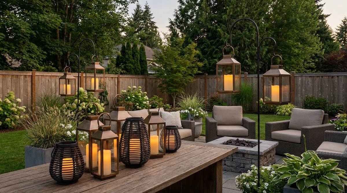 A set of modern outdoor lanterns with realistic flickering LED candles, made from metal or rattan in bronze and matte black finishes. These weather-resistant lanterns are battery or solar-powered, safe for fire-free use, and can be grouped on tables or hung from shepherds hooks to coordinate with contemporary garden furniture.