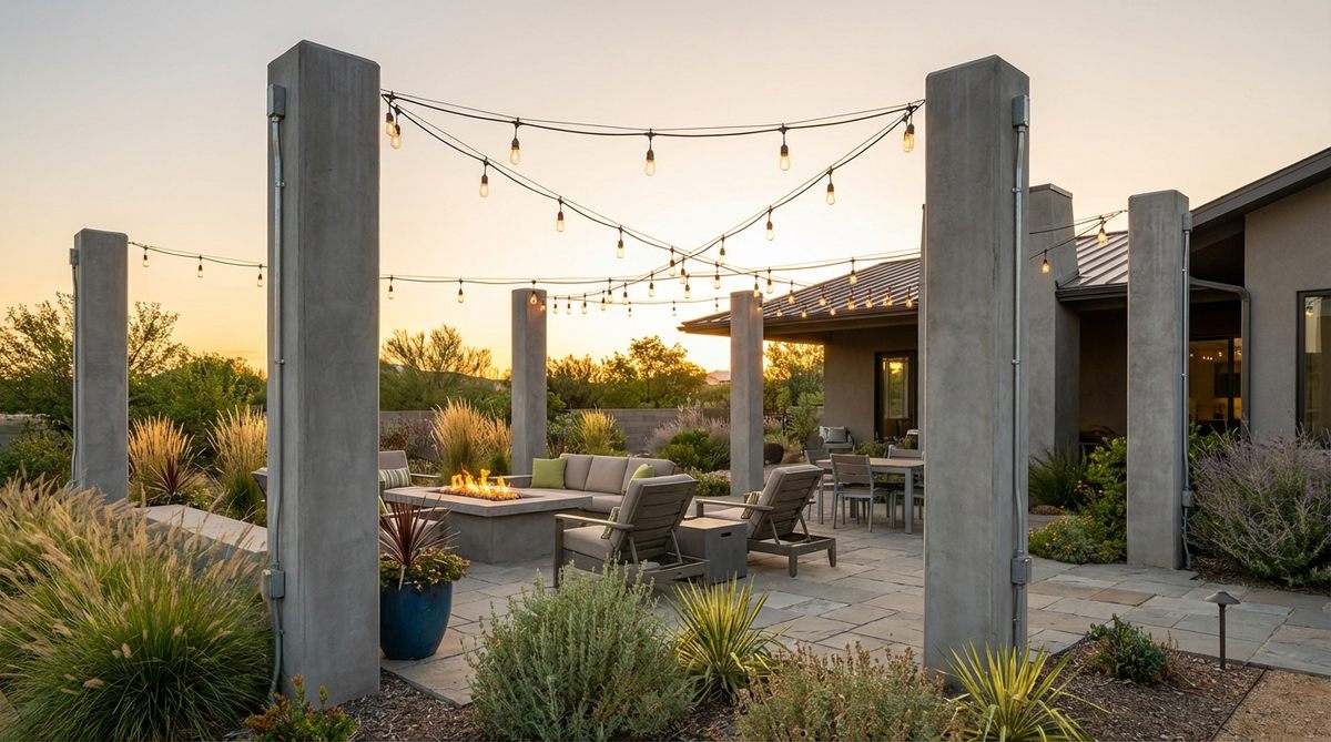 Modern garden design featuring overhead string lights suspended from concrete posts. The concrete posts provide permanent structural support while maintaining clean, contemporary aesthetics. The lighting creates festive illumination for outdoor spaces with proper electrical routing through conduit.