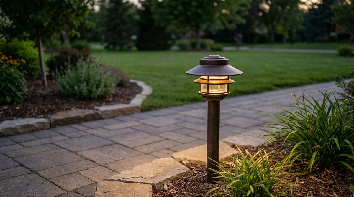 A tiered pagoda-style garden light fixture with a stepped cap, designed to direct light downward and minimize upward light pollution. This classic landscape lighting form is suitable for both traditional and contemporary garden designs, often spaced at 8-12 foot intervals along major pathways to provide enhanced illumination.