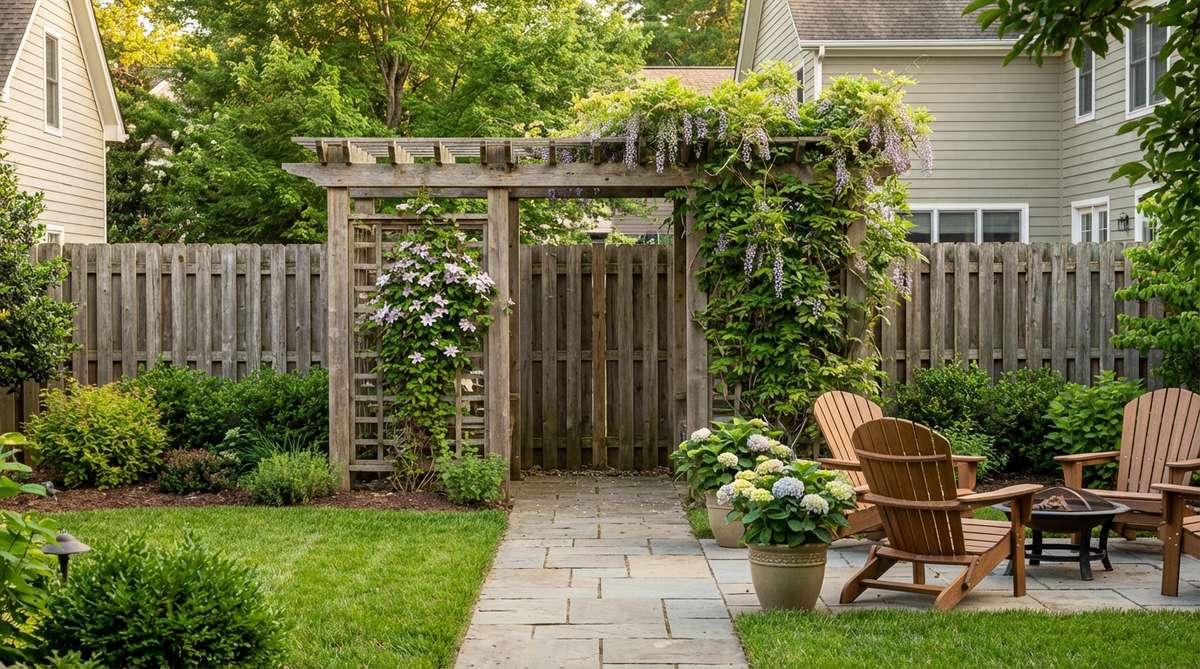 An arbor or trellis screen placed midway in a small backyard garden, partially obscuring the back fence with climbing vines to create a sense of mystery and depth. The design uses 40-50% coverage to maintain visibility and suggest additional space beyond.