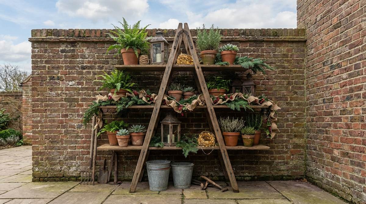 A rustic garden display featuring a vintage wooden ladder repurposed as shelving, leaning against an exterior wall. It holds potted plants, lanterns, evergreen arrangements, and decorative items like garlands and twine lights, highlighting sustainable DIY practices in garden decor.