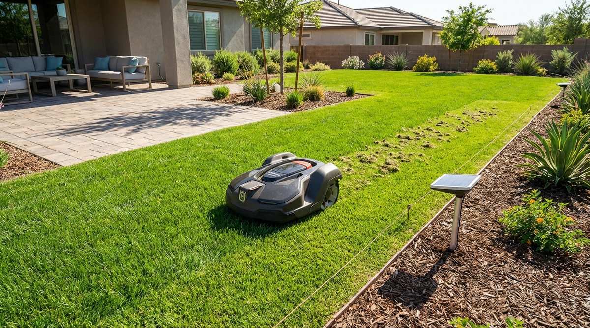 An autonomous robotic lawn mower operating in a modern garden, maintaining turf on a programmed schedule while mulching clippings to enhance soil health, with visible boundary wires or GPS setup for precise navigation.