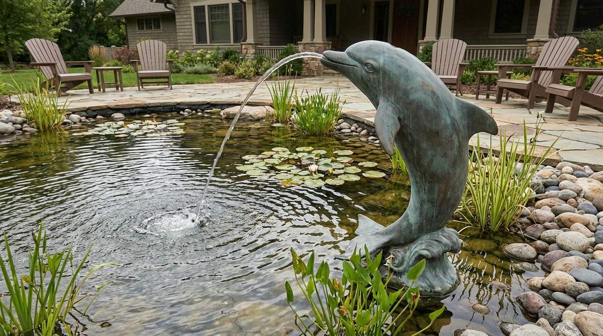 A bronze spouting dolphin fountain in a garden pond, with water arcing from its mouth to add movement and oxygenation to the water feature.