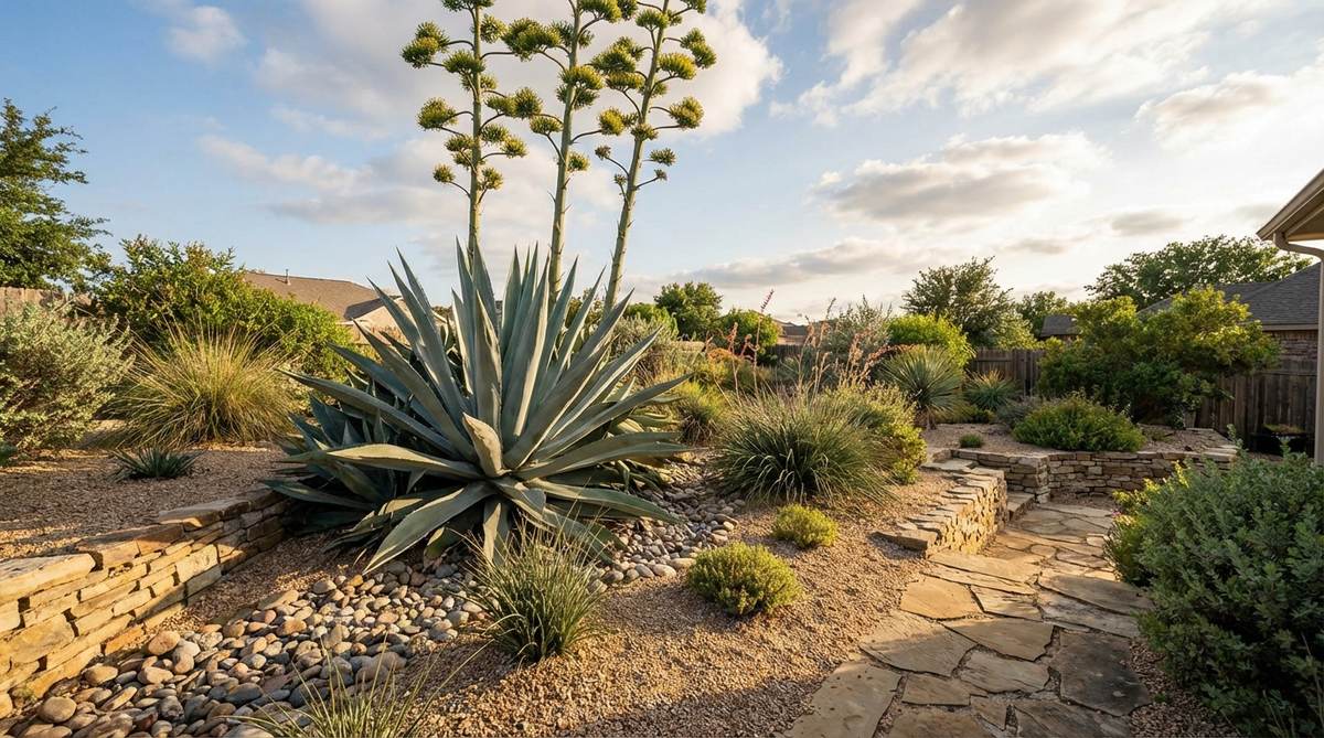 Mature agave plant with tall flower stalks reaching up to 30 feet in a gravel garden setting, showcasing vertical interest and seasonal drama in xeriscape design.