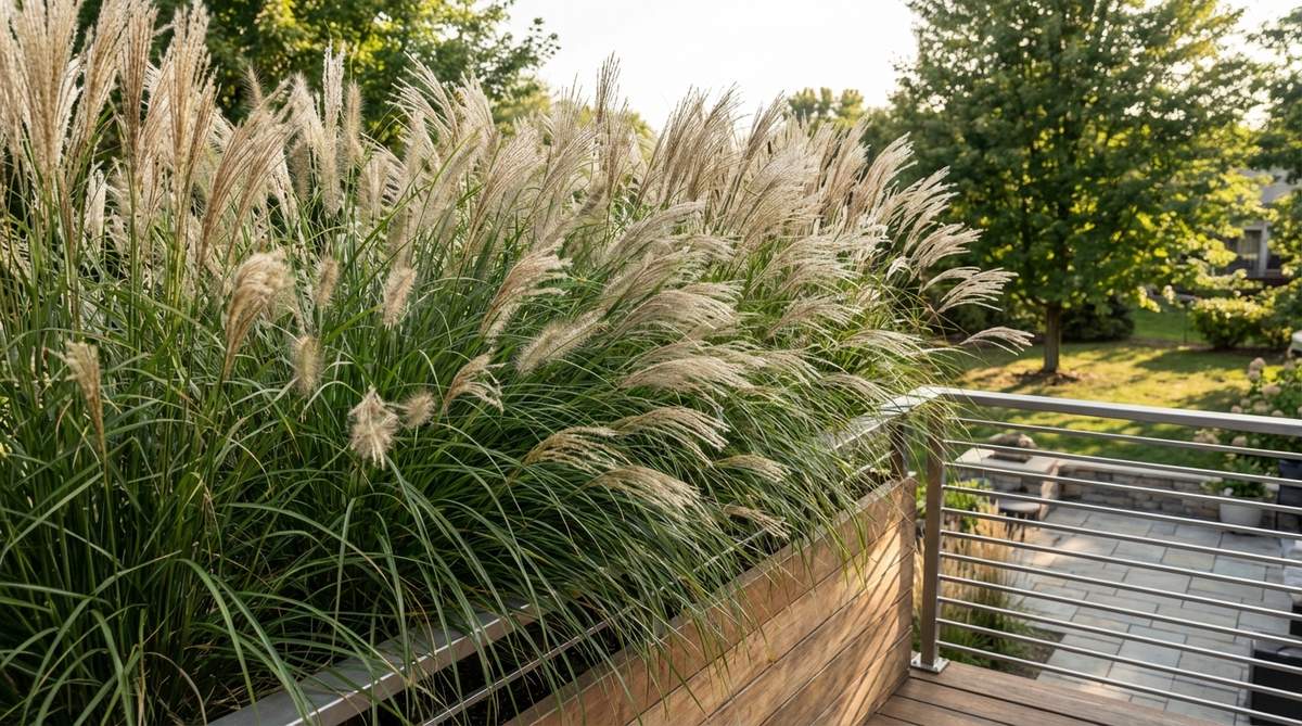 A decorative balcony screen made from tall ornamental grasses like fountain grass or maiden grass, showing their soft, swaying foliage and feathery plumes that provide both visual interest and wind tolerance for outdoor spaces.