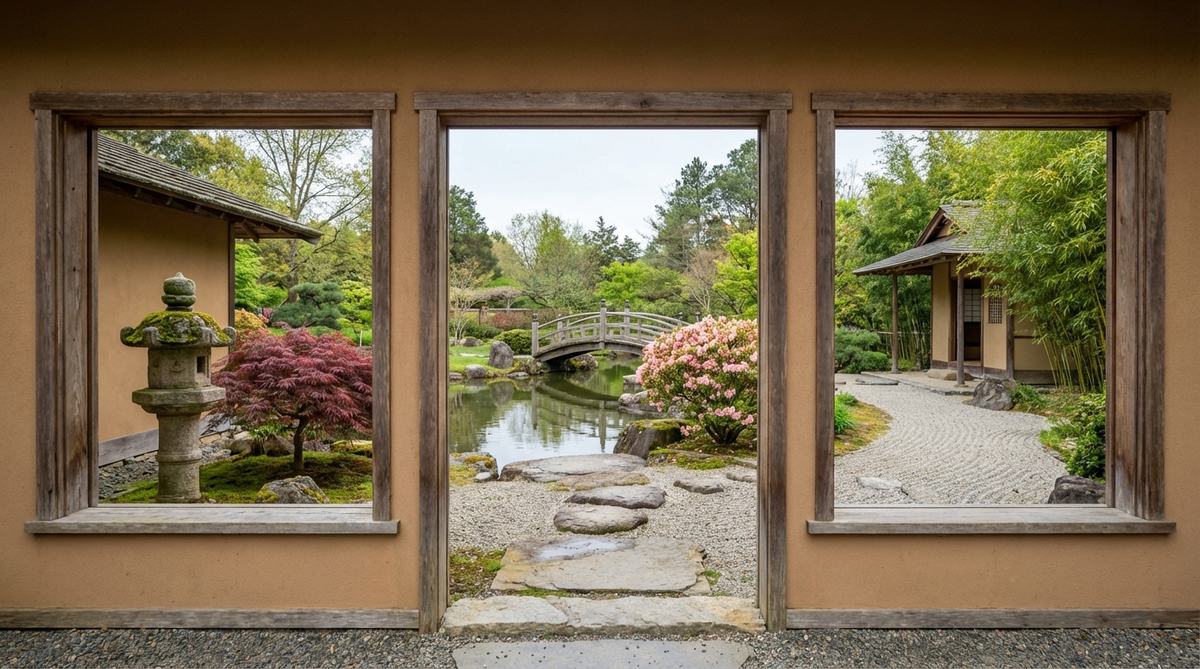 Three adjacent window openings in a Japanese garden, each framing a distinct garden scene that relates through color, form, or theme. The panels are designed to be viewed simultaneously, allowing each scene to stand alone while contributing to a larger narrative connection, with central elements as focal points and flanking views providing context.