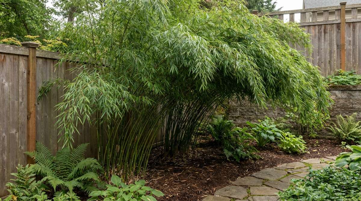 A close-up image of Fargesia murielae, also known as umbrella bamboo, showcasing its gracefully arching culms and dense foliage that forms an umbrella-like canopy. This non-invasive clumping bamboo is ideal for Japanese-style tea gardens and woodland settings, growing 12-15 feet tall and thriving in partial shade with consistent moisture, providing excellent screening without aggressive spreading.