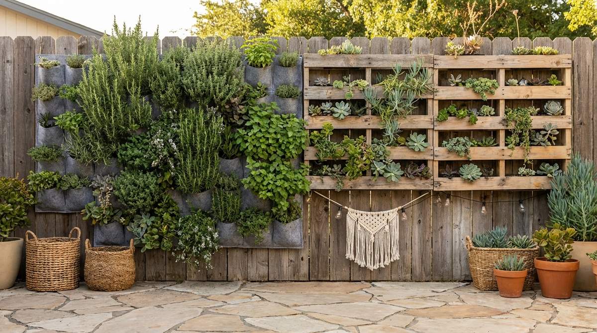 A vertical garden installation on a wall or fence, featuring cascading plants like herbs and succulents in pocket planters or pallet gardens, creating a lush, living texture wall that enhances boho decor style with natural greenery and maximizes space in small areas.