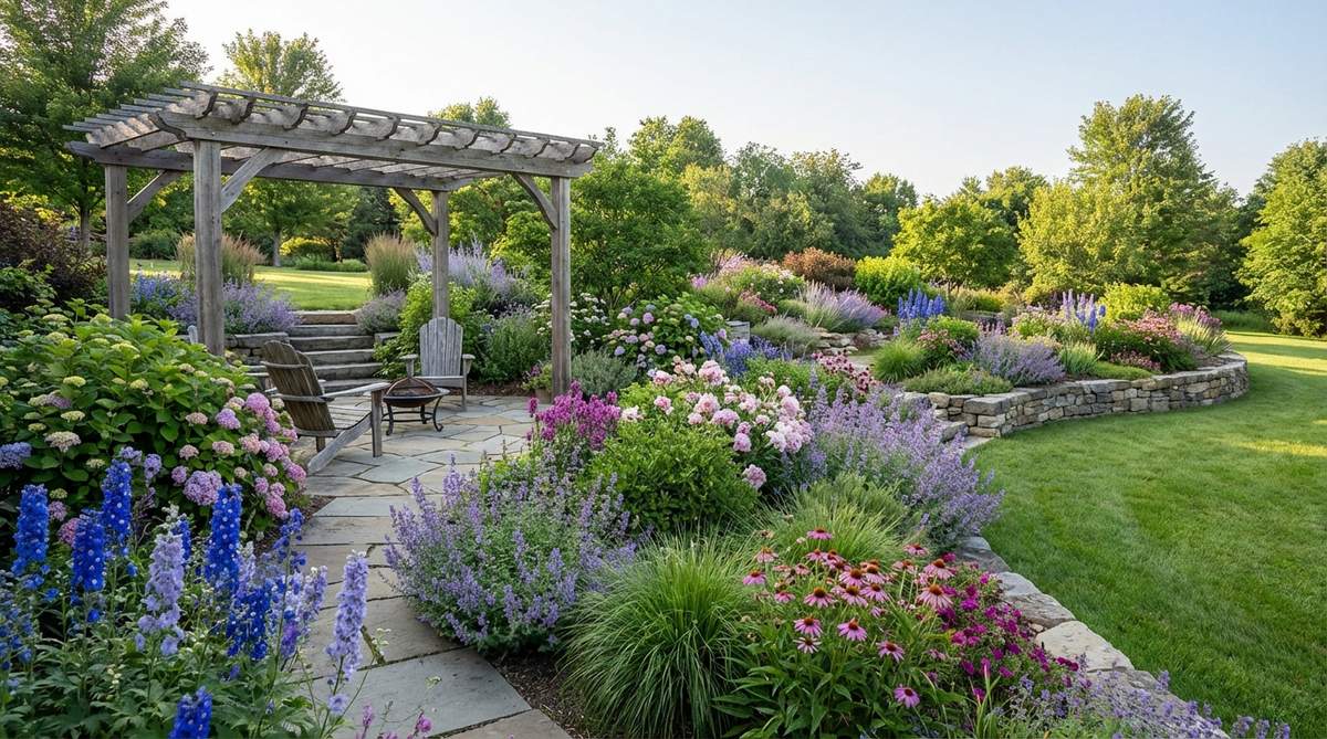 A garden scene showcasing analogous color harmony with adjacent colors like blue, purple, and pink from the color wheel, creating soothing transitions and a cohesive, naturalistic aesthetic. The image highlights varied saturation levels to add depth and interest to the planting scheme.