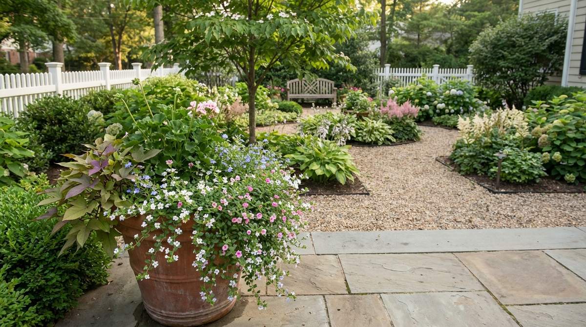 Close-up of Bacopa's trailing stems reaching 10-12 inches, covered with tiny white, pink, or blue flowers, thriving in a container as a spiller component in a mixed planting. The image highlights its preference for consistent moisture and partial shade, with self-cleaning flowers that eliminate deadheading needs, combining well with upright thriller plants and mounding fillers in container compositions.