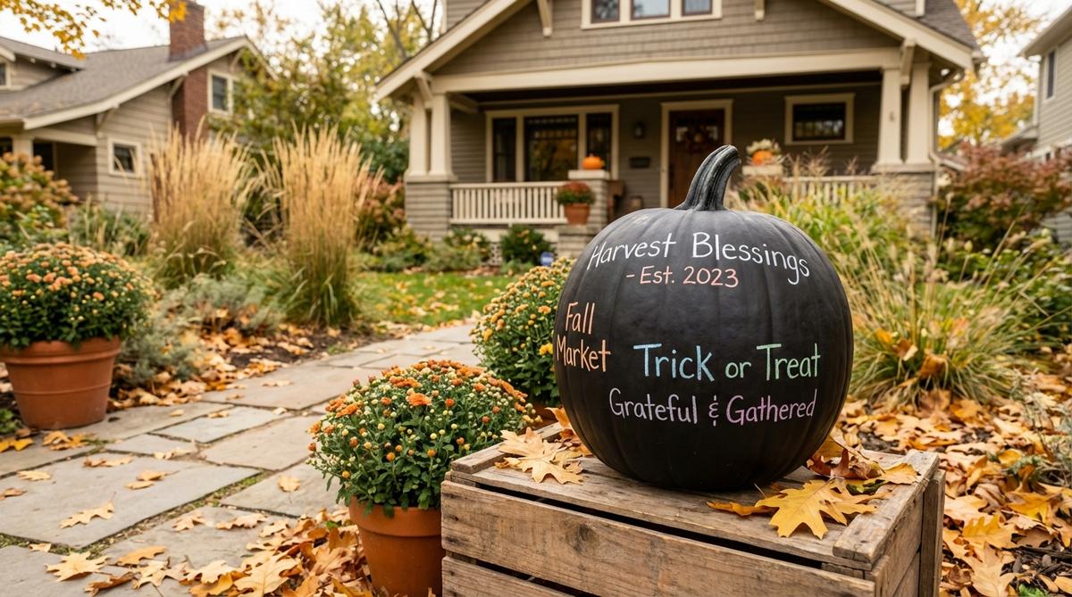 A pumpkin fully coated in chalkboard paint, featuring handwritten seasonal messages in chalk markers for autumn decor, adaptable for Halloween and Thanksgiving themes.