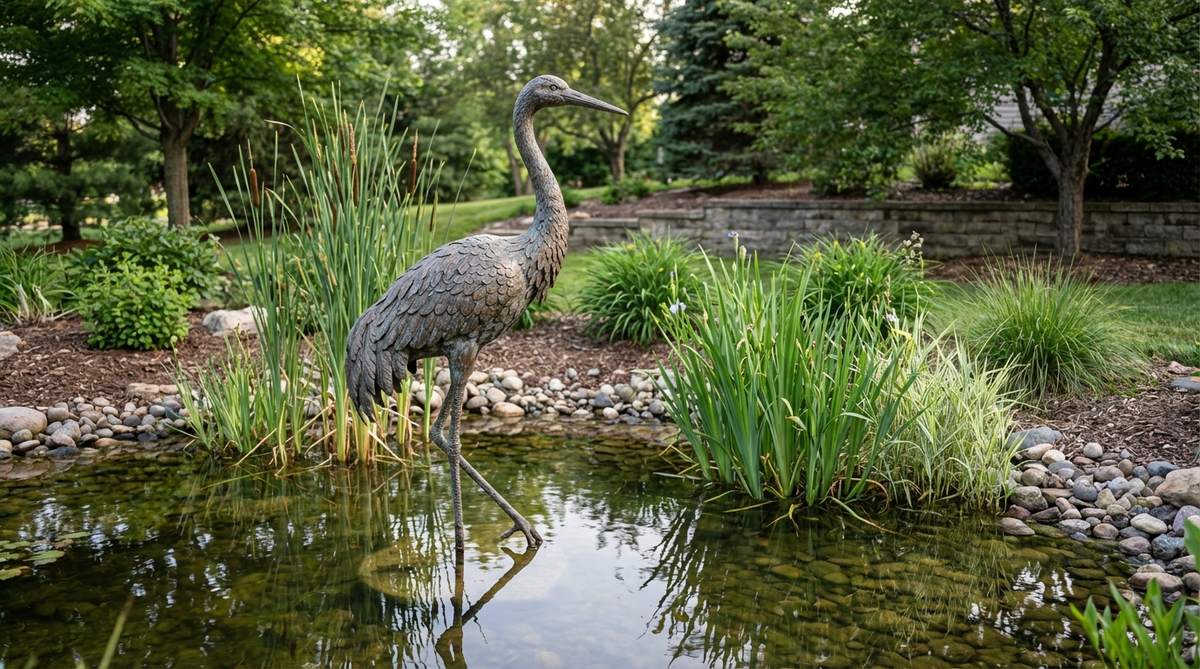 Life-size metal crane sculpture with detailed feathering standing in shallow pond water, surrounded by marginal plants. The realistic 40-50 inch tall garden statue appears frozen mid-step with long legs, creating natural pond decor that deters herons while enhancing water garden aesthetics.