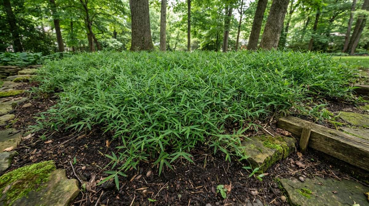 A close-up image of Pleioblastus pygmaeus, or dwarf bamboo, showcasing its fine-textured foliage and low-growing habit, ideal as groundcover in Japanese gardens, rock gardens, or container settings. The plant is shown in a shaded area with moist soil, highlighting its adaptability and suitability for zones 6-10.