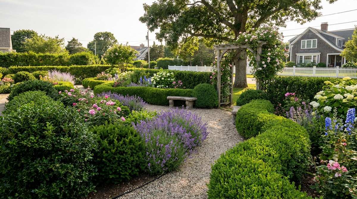 A cottage garden featuring evergreen structure plants like boxwood, yew, and holly, providing year-round green presence and defining garden geometry. These woody evergreens maintain soft shapes through light pruning, with matte green foliage serving as a background that showcases colorful flowers without competing for attention.