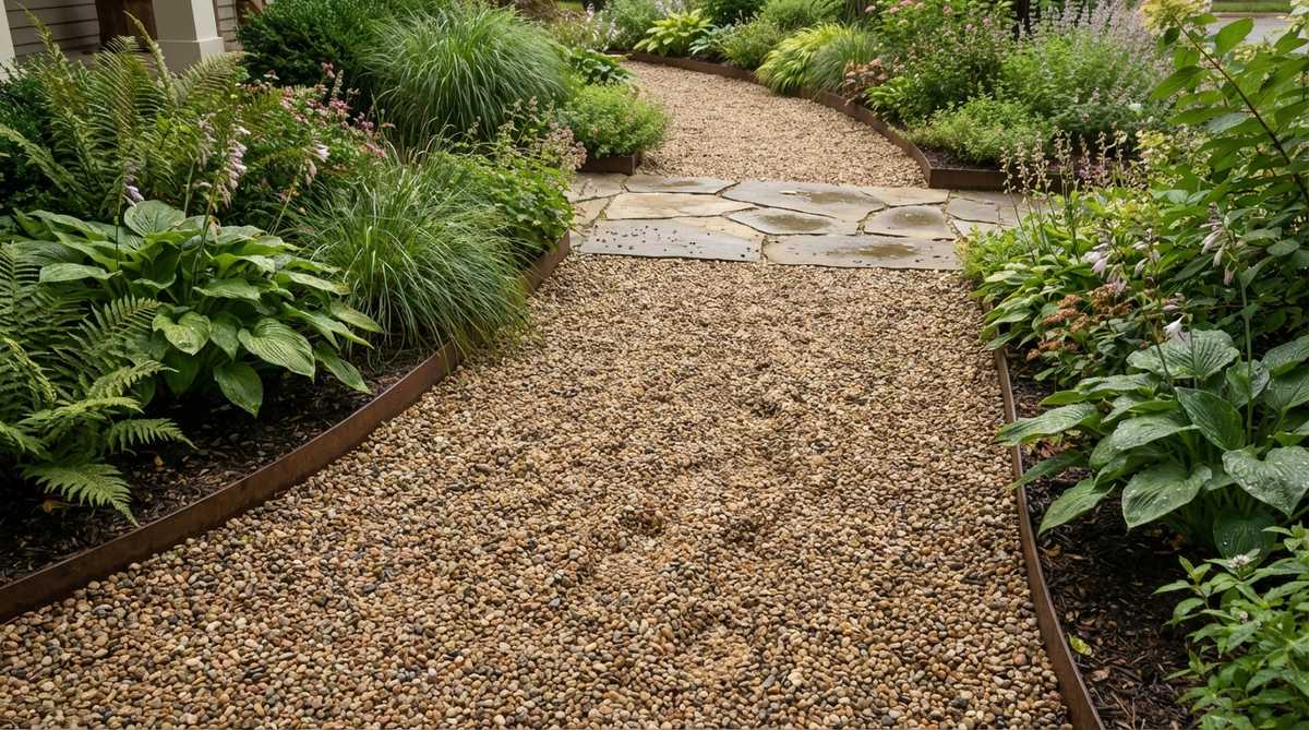 A close-up photo of a gravel pathway in a cozy garden, showing loose pea gravel that creates satisfying crunching sounds when walked on. The path is neatly edged with metal or stone borders to prevent spreading into adjacent garden beds, with lush greenery visible on either side. The permeable gravel surface allows for natural rainfall absorption, contrasting with solid hardscaping materials.