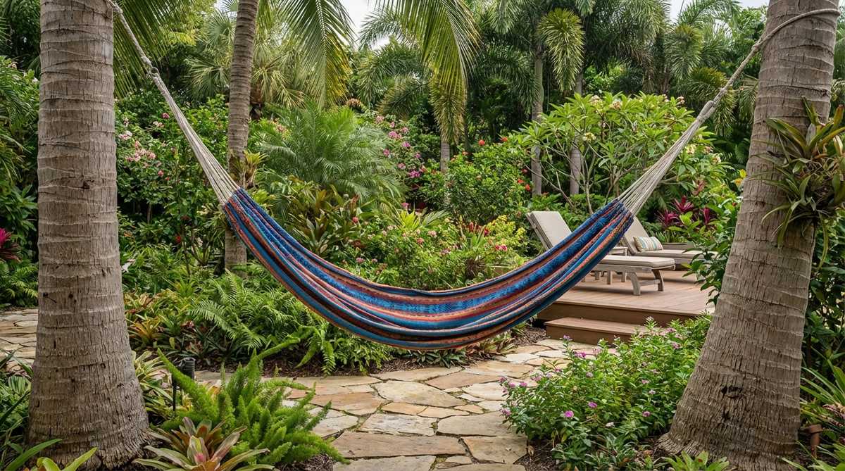A colorful hammock suspended between two sturdy palm trees in a lush tropical garden, creating a perfect lounging destination for relaxation and immersion in nature.