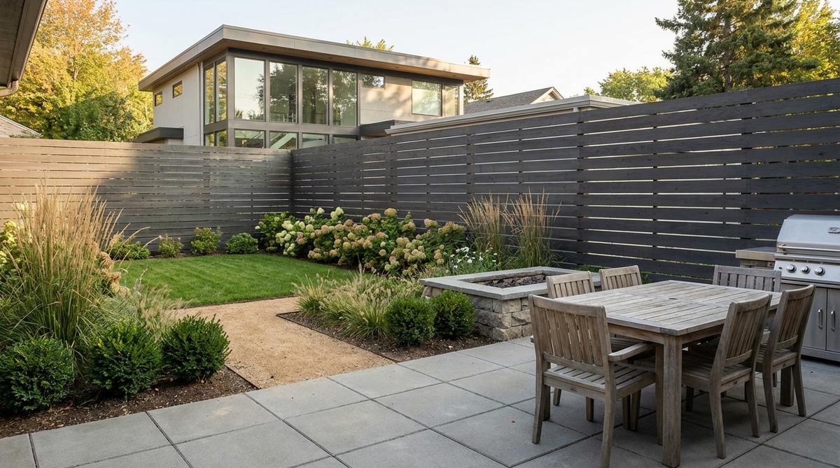 A modern small garden backyard featuring horizontal wood fence slats, emphasizing width and complementing contemporary architecture. The cedar or composite slats are installed with small gaps for semi-privacy and air circulation, stained in dark charcoal or natural wood tones.