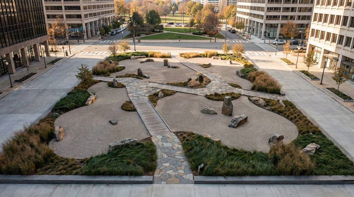 Aerial view of an expansive urban plaza featuring Japanese karesansui (dry landscape) garden design principles on a large scale, with pedestrian pathways integrated into the minimalist gravel and stone arrangement, demonstrating how traditional Zen garden aesthetics function in public spaces.